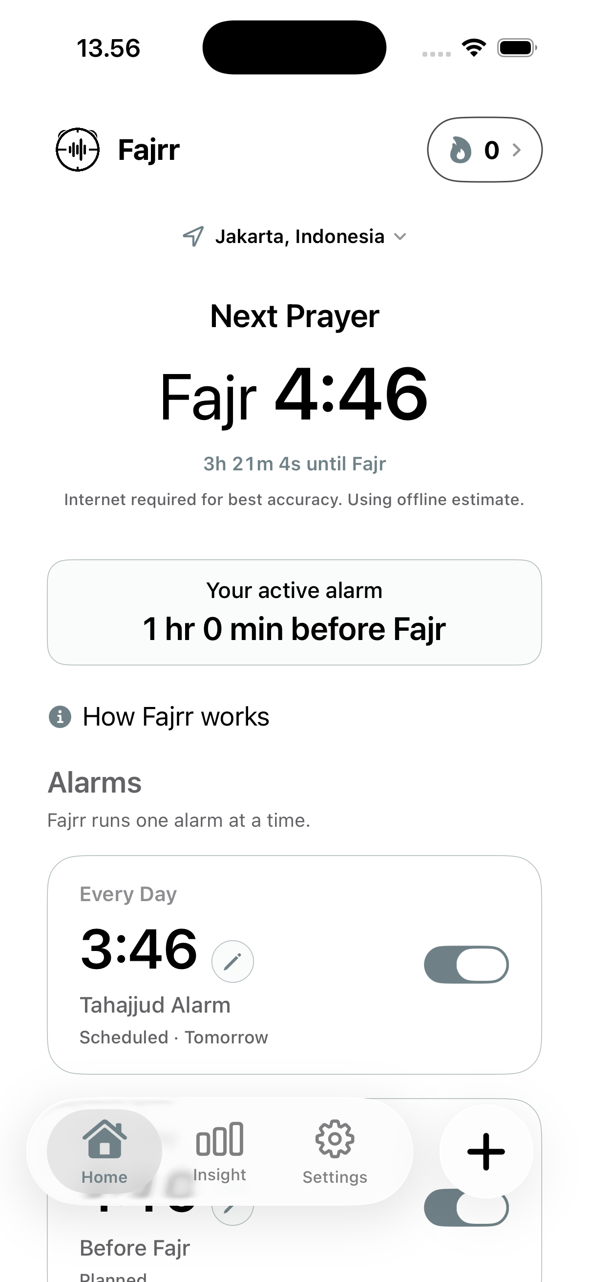 Fajrr Home showing an example Fajr timetable and a Tahajjud alarm.